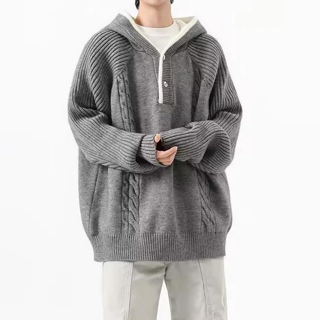 Herren Grobstrickpullover mit Kapuze und Knopfleiste Drune