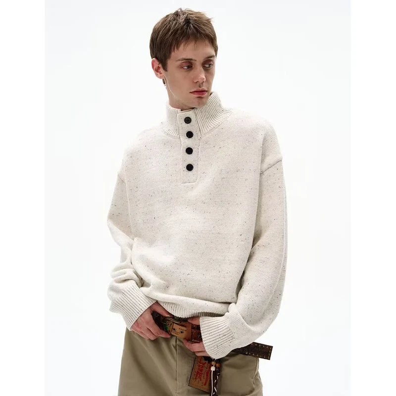 Herren Grobstrick Pullover mit Stehkragen und Knopfdetail Drune