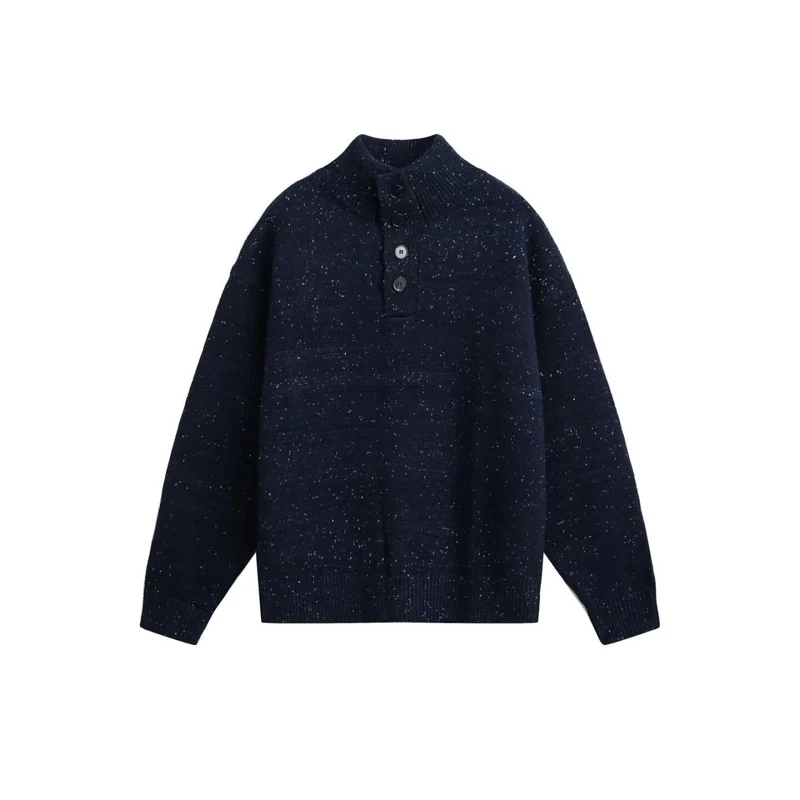 Herren Grobstrick Pullover mit Stehkragen und Knopfdetail Drune