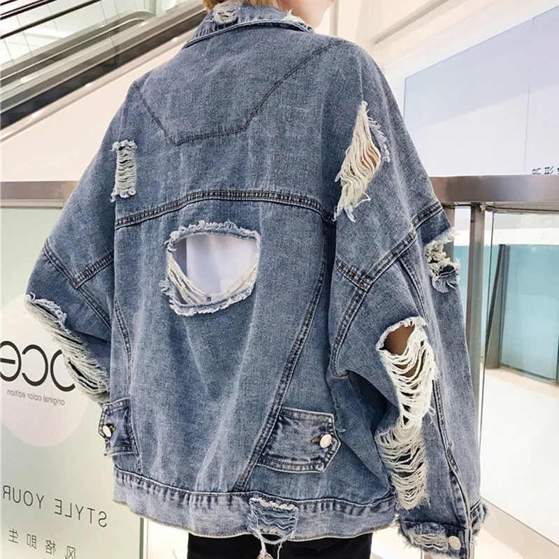 Damen Lässige Oversize Jeansjacke mit Destroyed-Details Drune