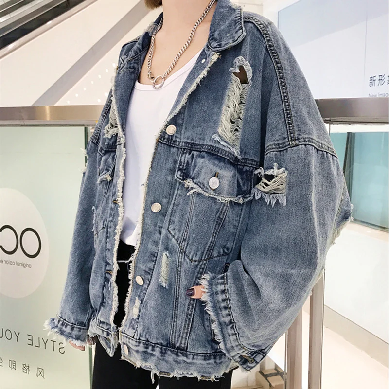 Damen Lässige Oversize Jeansjacke mit Destroyed-Details Drune