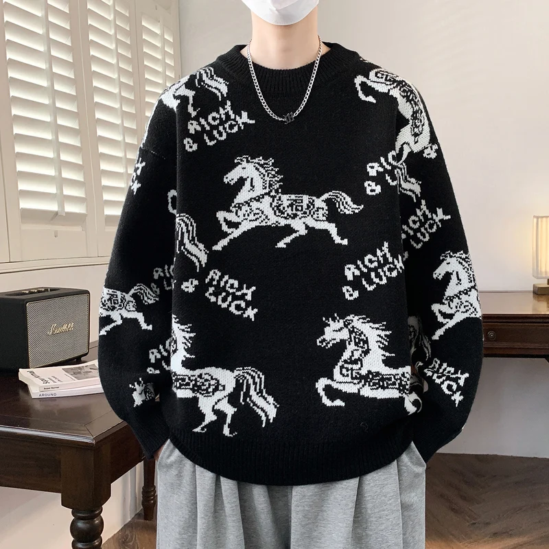 Herren Verspielter Grobstrickpullover mit Pferdemotiv Drune