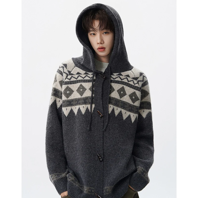 Herren Strickjacke mit Kapuze und grafischem Muster Drune
