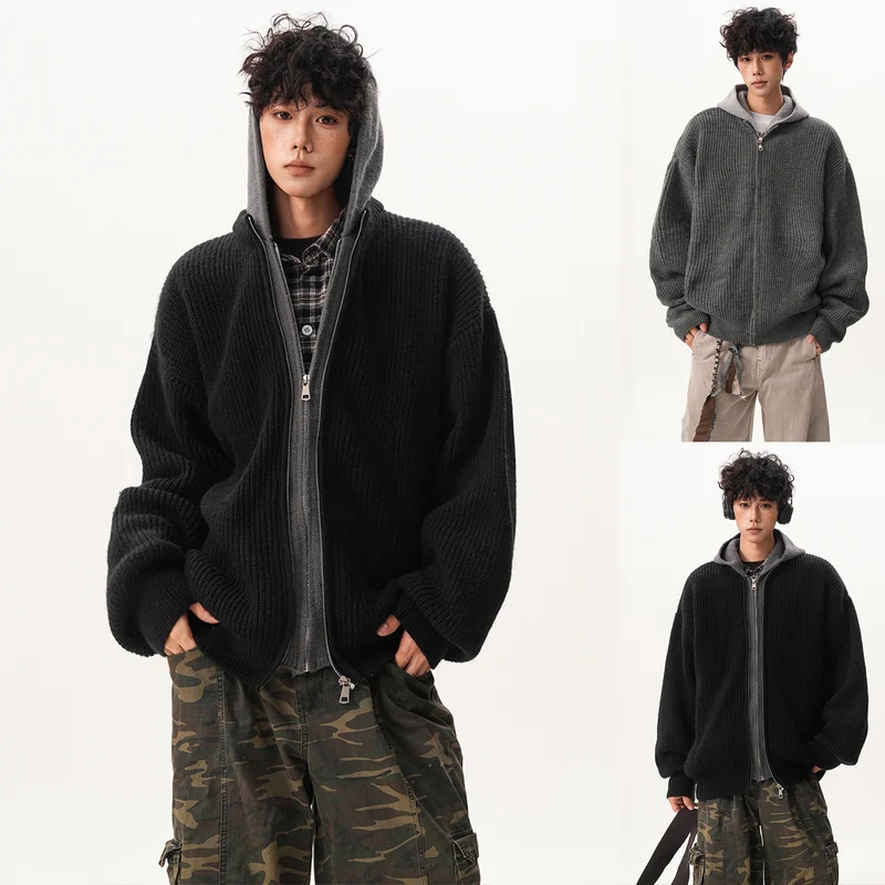 Herren Oversized Strickjacke mit Kapuze und Reißverschluss Drune