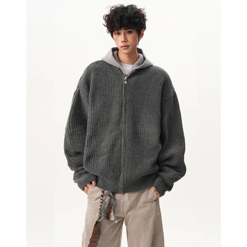 Herren Oversized Strickjacke mit Kapuze und Reißverschluss Drune