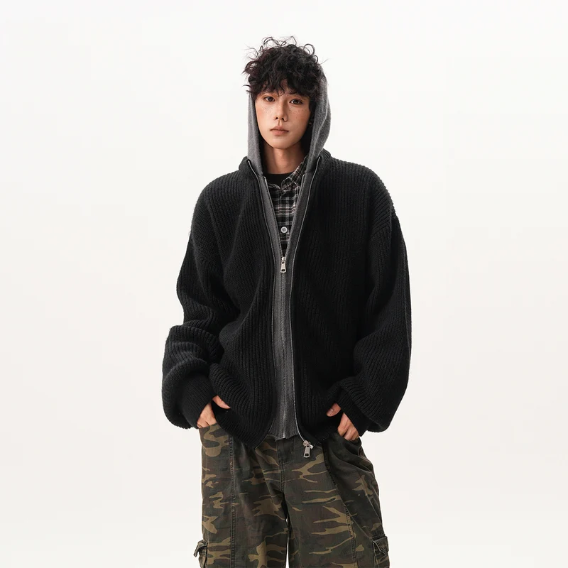 Herren Oversized Strickjacke mit Kapuze und Reißverschluss Drune