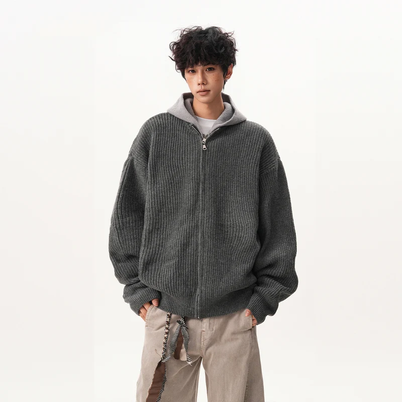Herren Oversized Strickjacke mit Kapuze und Reißverschluss Drune