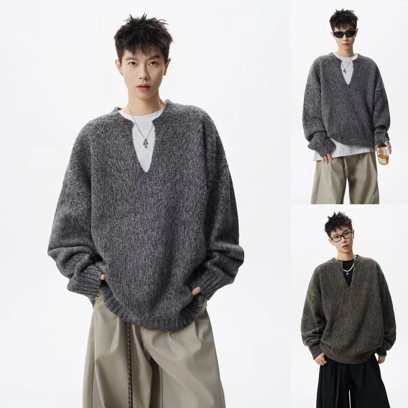 Herren Oversized Grobstrickpullover mit V-Ausschnitt Drune