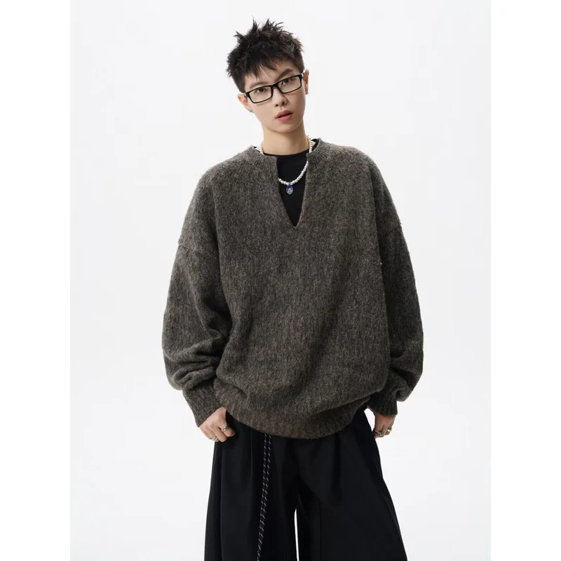 Herren Oversized Grobstrickpullover mit V-Ausschnitt Drune