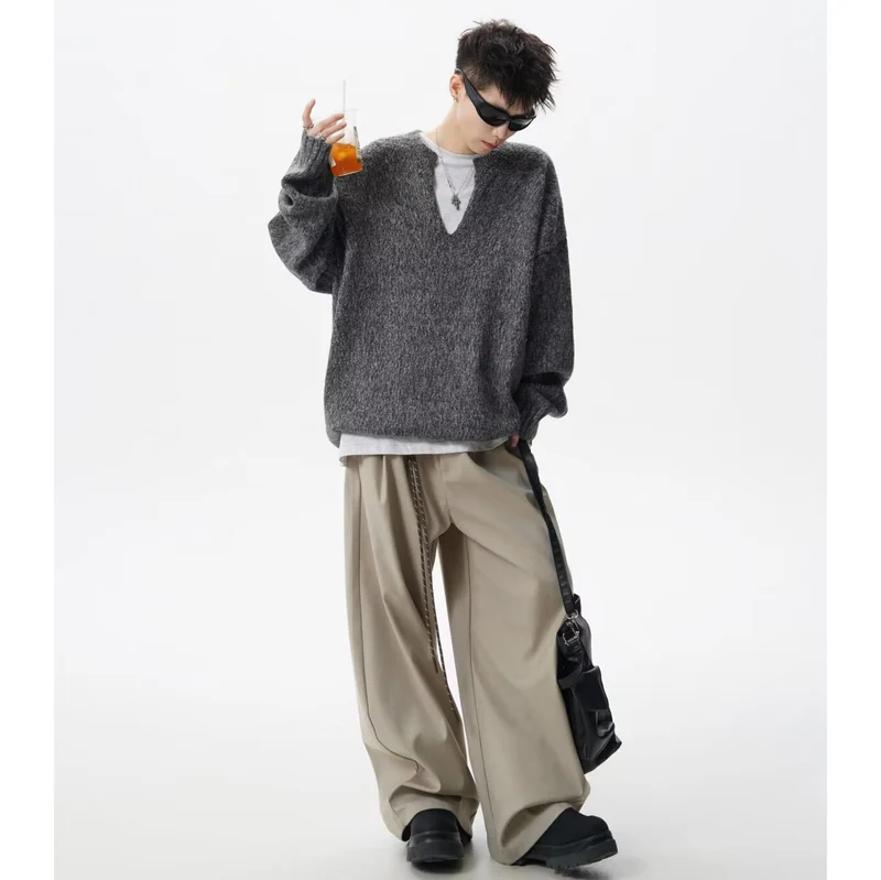 Herren Oversized Grobstrickpullover mit V-Ausschnitt Drune