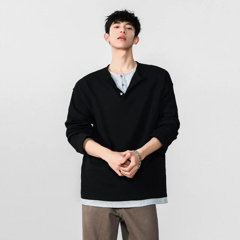 Herren Modisches Oversized-Henley-Shirt mit strukturierter Oberfläche Drune