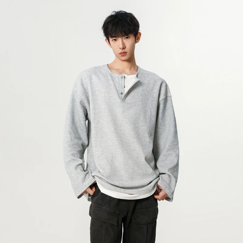 Herren Modisches Oversized-Henley-Shirt mit strukturierter Oberfläche Drune