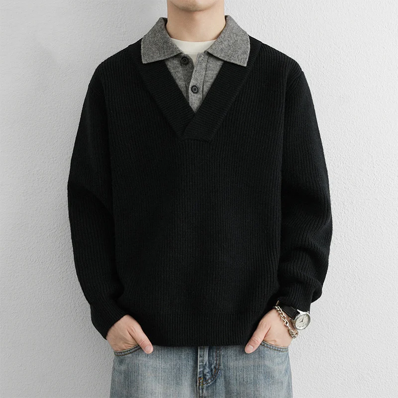 Herren Modischer V-Ausschnitt Pullover mit strukturierten Rippdetails Drune