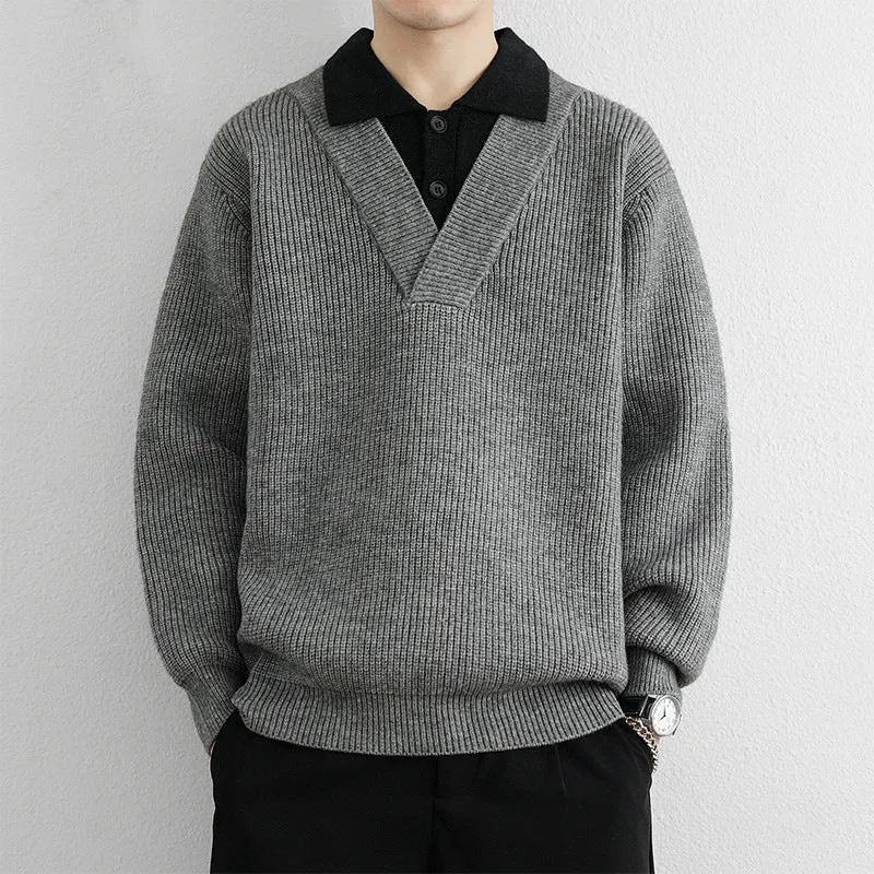 Herren Modischer V-Ausschnitt Pullover mit strukturierten Rippdetails Drune
