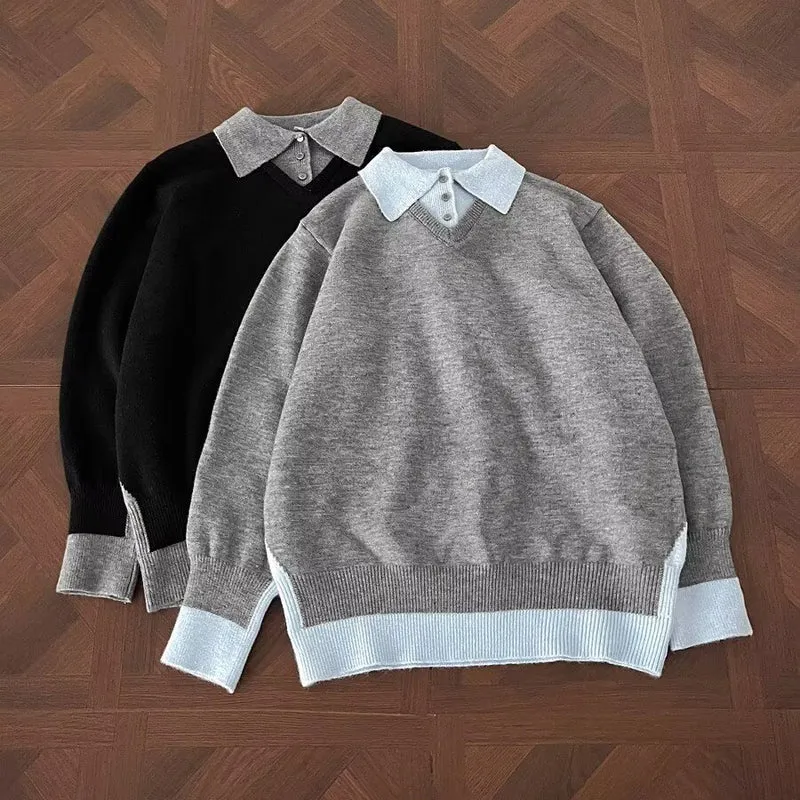 Herren Modischer Strickpullover mit V-Ausschnitt und Kontrastkragen Drune