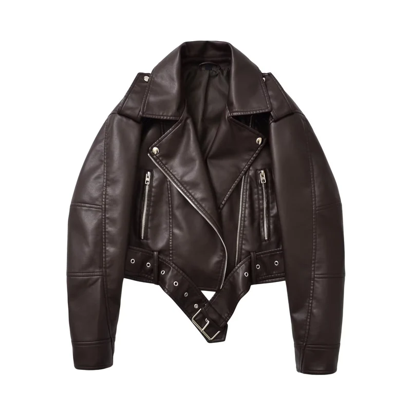 Damen taillierte Kunstleder-Bikerjacke mit Gürtel Drune