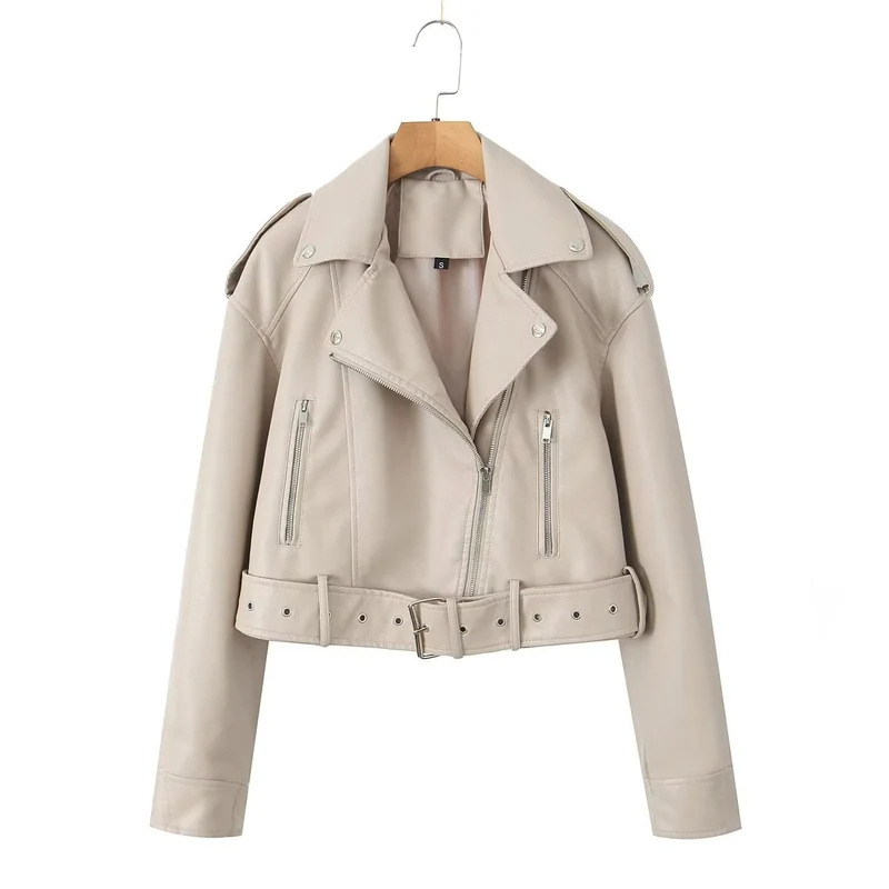 Damen taillierte Kunstleder-Bikerjacke mit Gürtel Drune