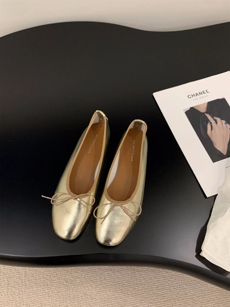 Damen Ballerinas mit funkelnder Metallic-Oberfläche und zartem Schleifendesign Drune