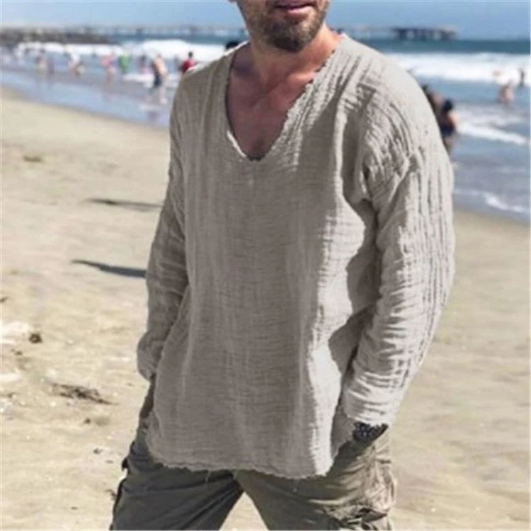 Herren lässiges V-Neck Leinenhemd Drune