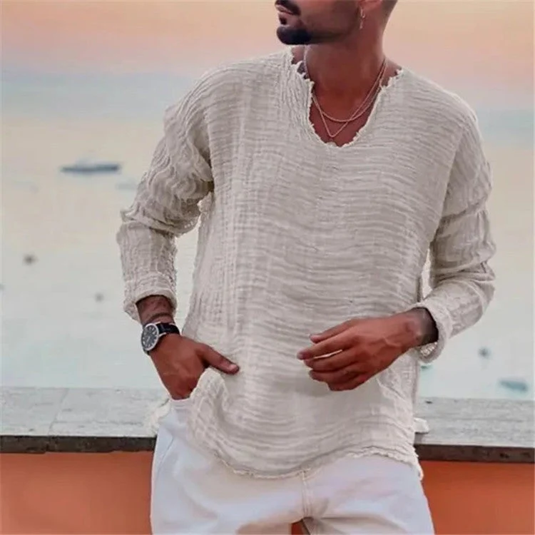 Herren lässiges V-Neck Leinenhemd Drune