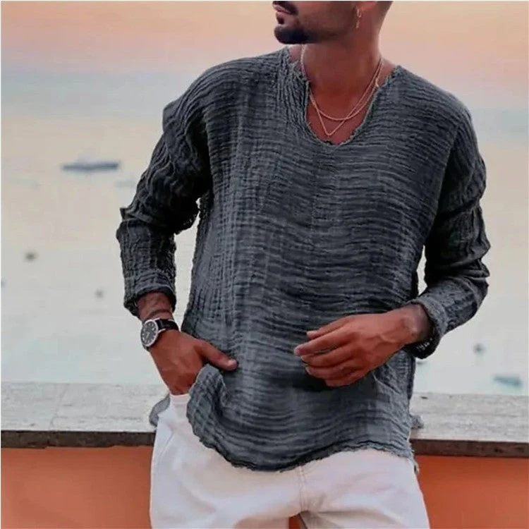 Herren lässiges V-Neck Leinenhemd Drune