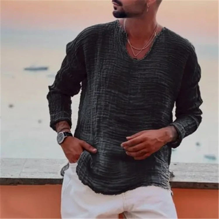 Herren lässiges V-Neck Leinenhemd Drune