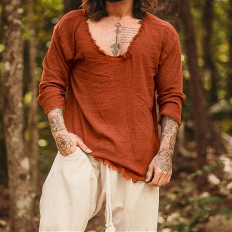 Herren lässiges V-Neck Leinenhemd Drune