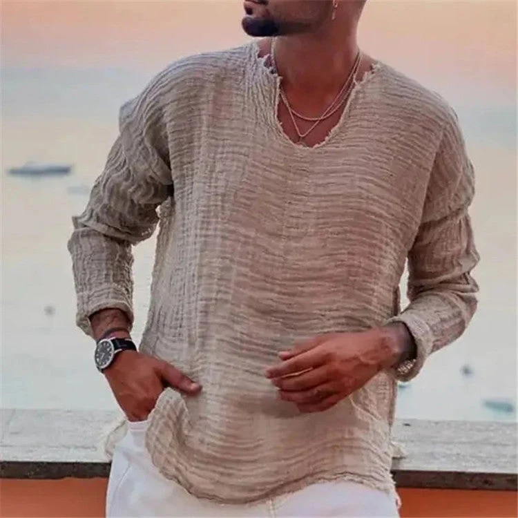 Herren lässiges V-Neck Leinenhemd Drune