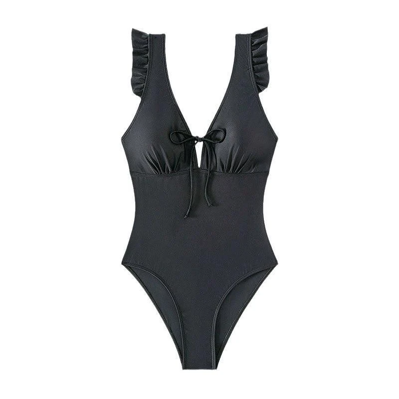 Damen Einteiler Badeanzug mit Rüschendetails und verstellbarem Bindeband Drune