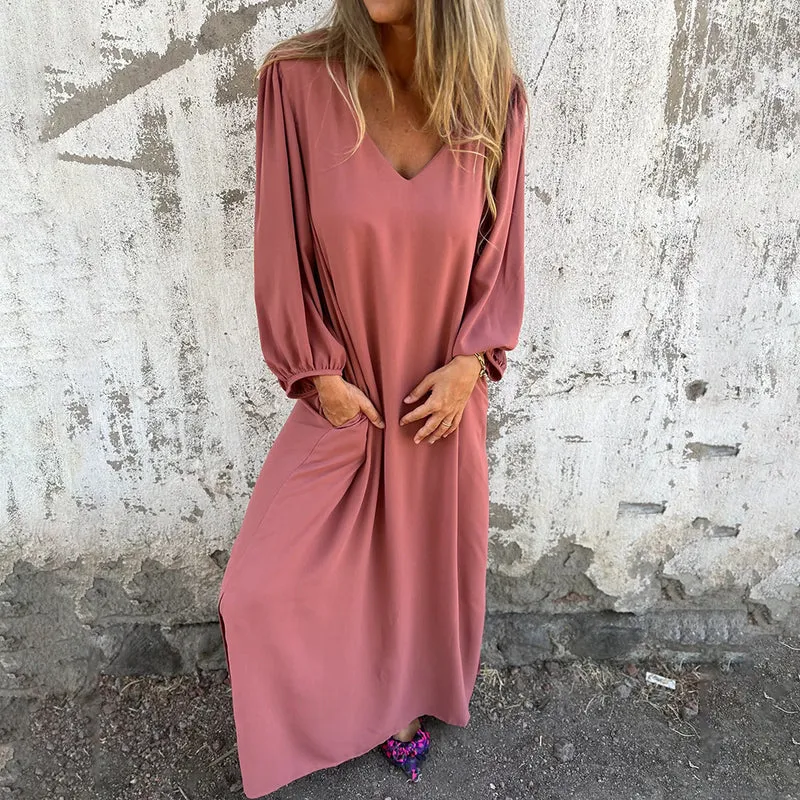 Damen Elegantes Midi-Kleid mit V-Ausschnitt und Puffärmeln Drune