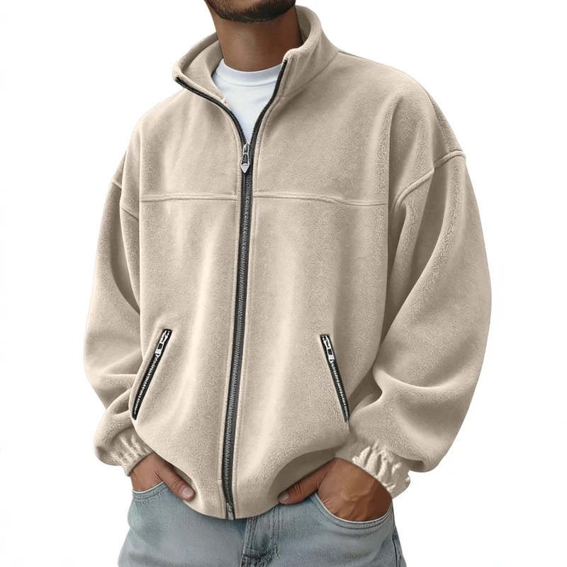 Herren Oversize Fleecejacke mit Stehkragen, durchgehendem Reißverschluss und Reißverschlusstaschen EB