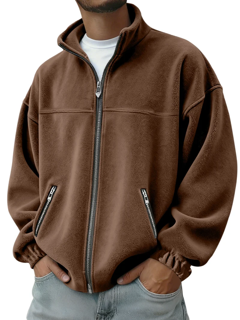 Herren Oversize Fleecejacke mit Stehkragen, durchgehendem Reißverschluss und Reißverschlusstaschen EB