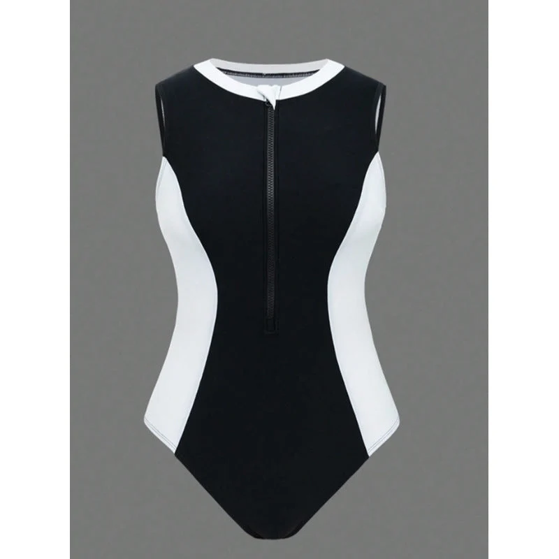 Damen Sportlicher One-Piece Badeanzug mit Reißverschluss und Farbakzenten Drune