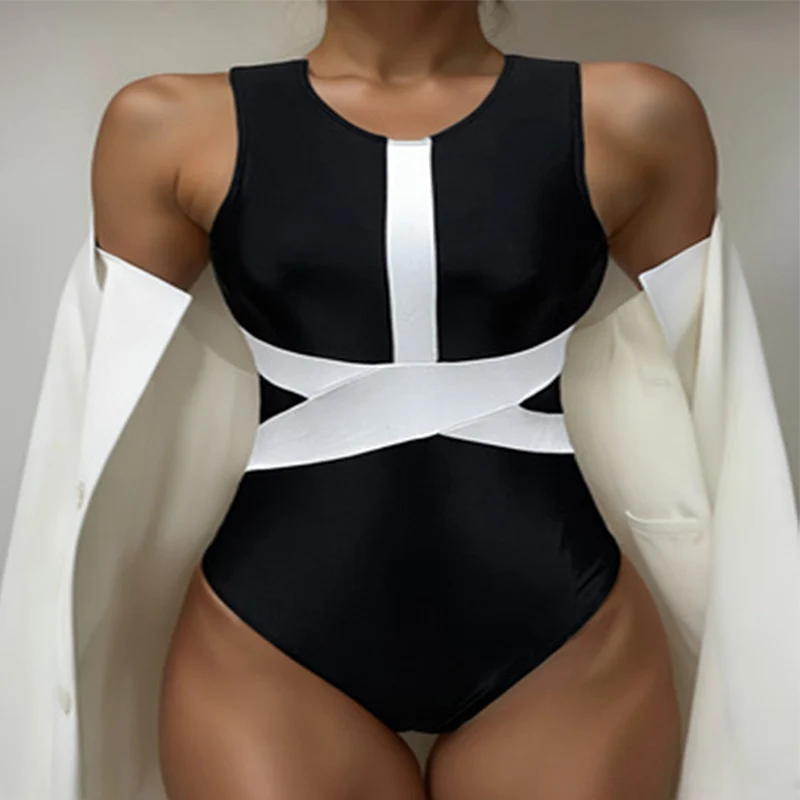 Damen Einteiliger Badeanzug mit sportlichem Reißverschluss und stylischem Farbblock-Design Drune