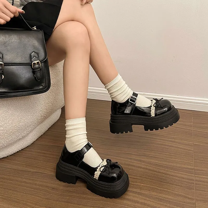 Damen Modische Mary Jane Schuhe mit dekorativer Schleife und robuster Plateau-Sohle Drune