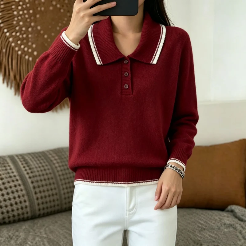 Damen Polokragen‑Strickpullover mit Knopfleiste und gerippten Bündchen Drune