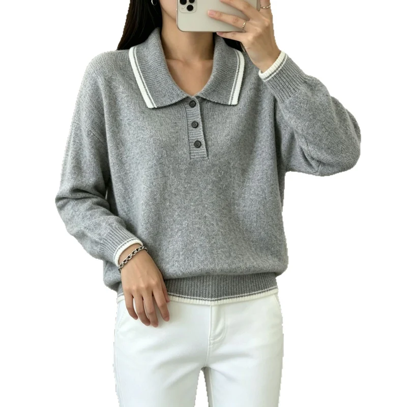 Damen Polokragen‑Strickpullover mit Knopfleiste und gerippten Bündchen Drune