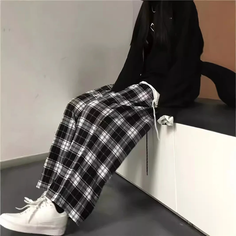 Damen weite Karohose mit elastischem Bund und Bindegürtel Drune