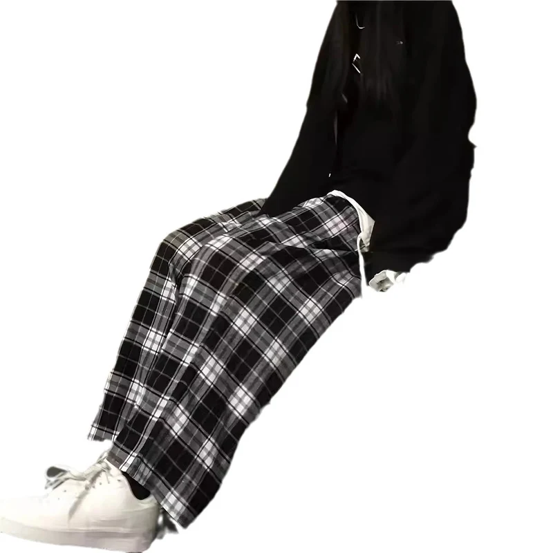Damen weite Karohose mit elastischem Bund und Bindegürtel Drune