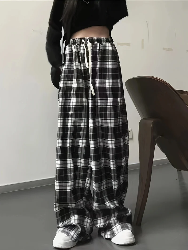 Damen weite Karohose mit elastischem Bund und Bindegürtel Drune