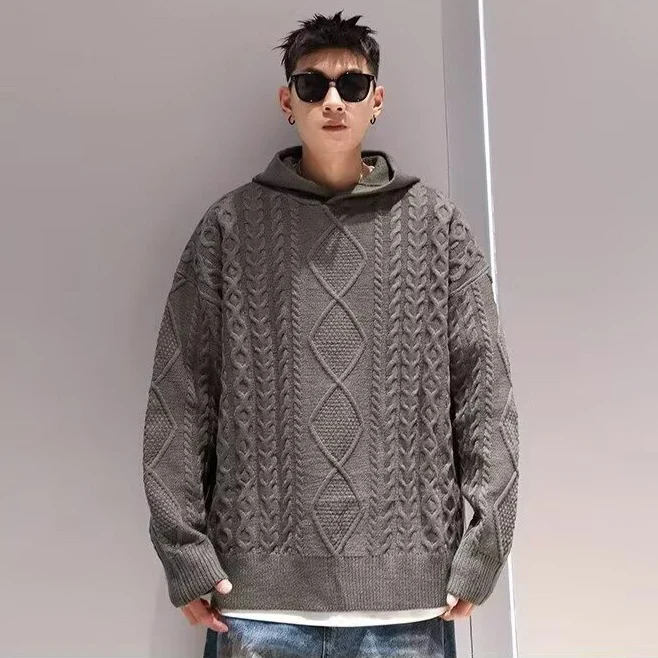 Herren Grobstrick Pullover mit Kapuze Drune