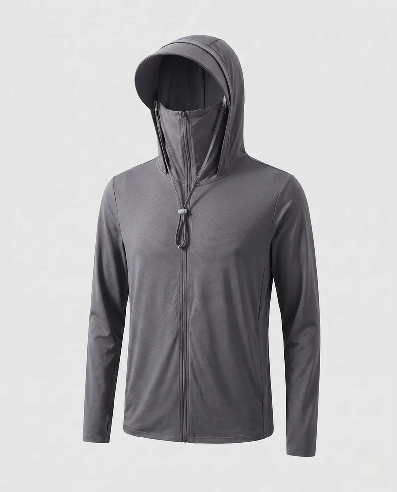 Unisex nan leichte Sonnenschutz-Kapuzenjacke mit abnehmbarem Schirm und integrierter Gesichtsblende Drune