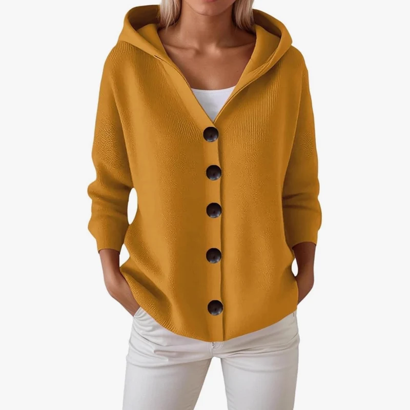 Damen Kapuzen-Strickjacke mit großen Holzknöpfen und seitlichen Eingrifftaschen Drune