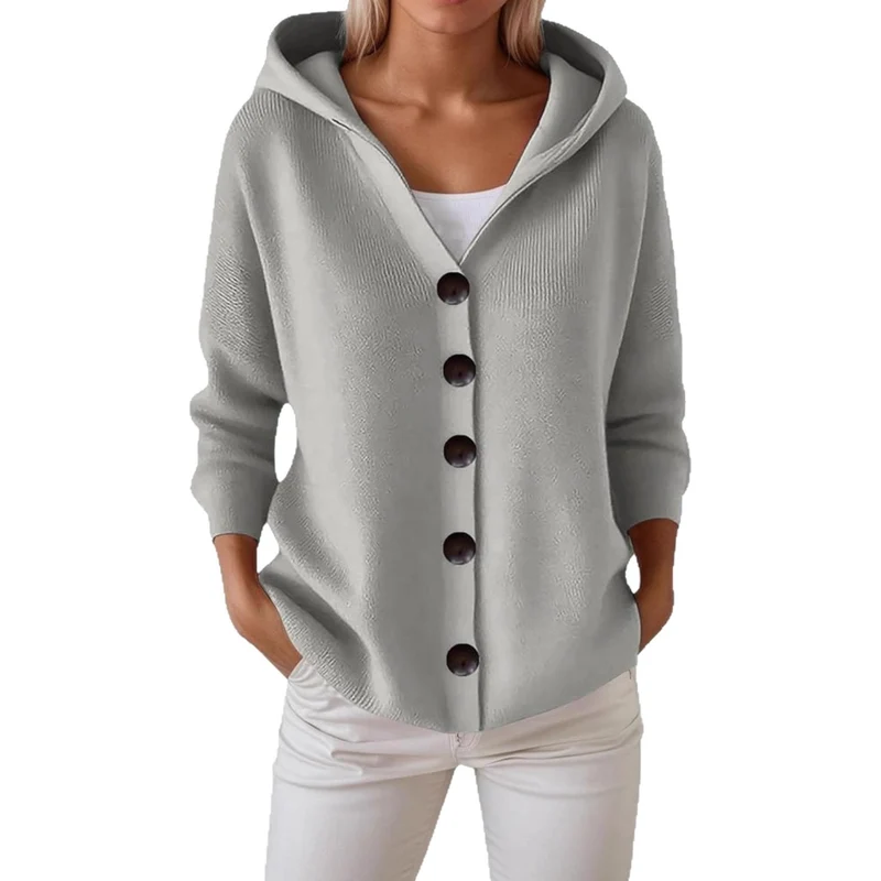 Damen Kapuzen-Strickjacke mit großen Holzknöpfen und seitlichen Eingrifftaschen Drune