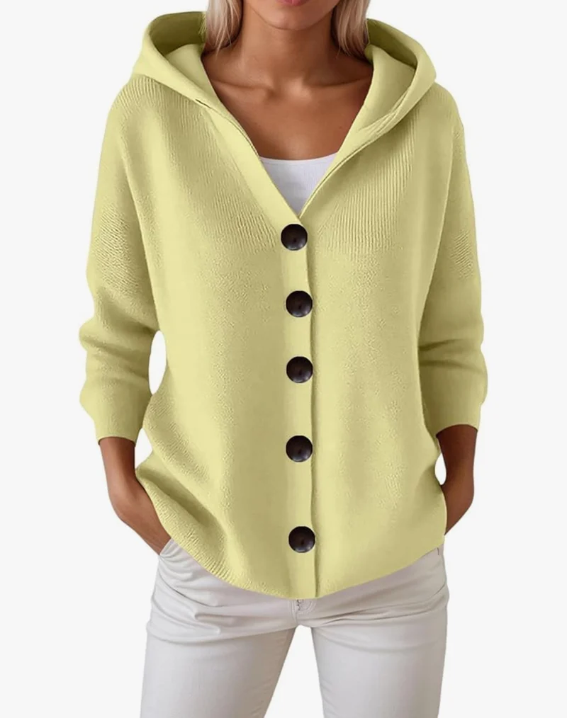 Damen Kapuzen-Strickjacke mit großen Holzknöpfen und seitlichen Eingrifftaschen Drune