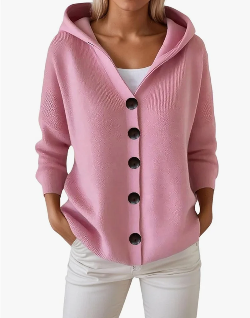 Damen Kapuzen-Strickjacke mit großen Holzknöpfen und seitlichen Eingrifftaschen Drune