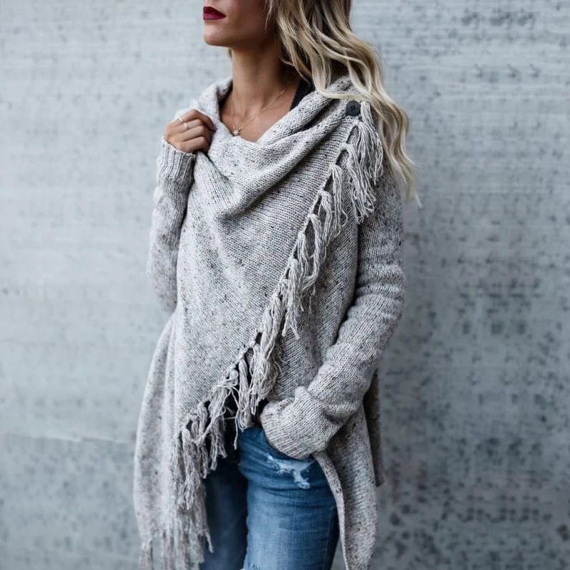 Damen gemütlicher Poncho mit Fransen Drune