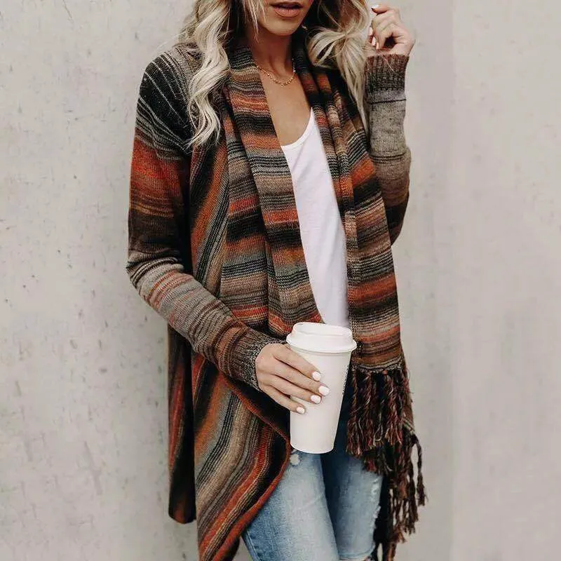 Damen gemütlicher Poncho mit Fransen Drune