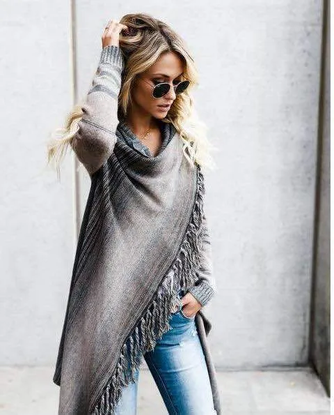 Damen gemütlicher Poncho mit Fransen Drune
