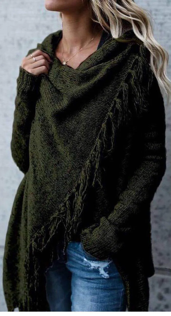 Damen gemütlicher Poncho mit Fransen Drune